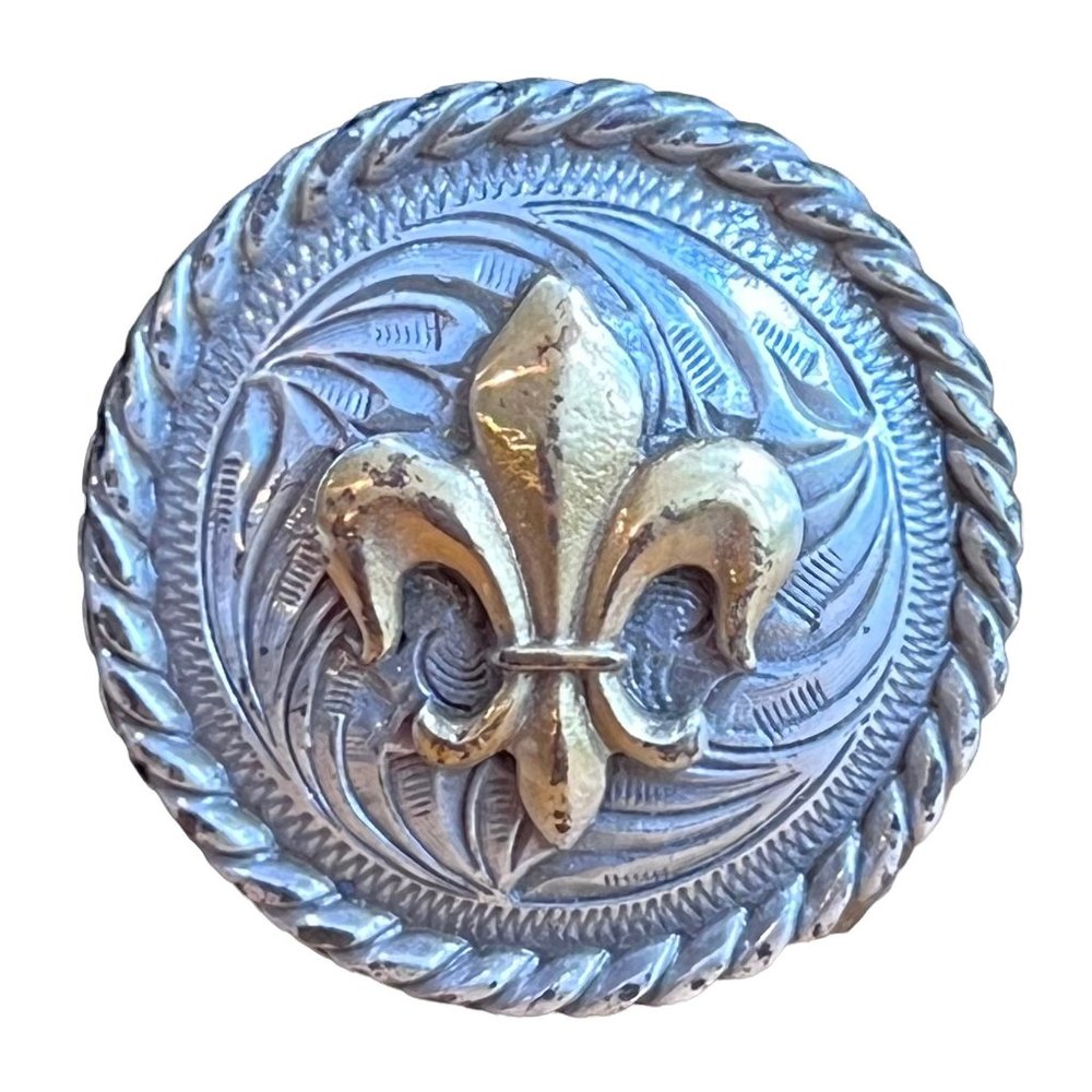Vtg Fleur de Lis Real Leather Concho Braided Edge Gold Silver Plated Round 1.25"